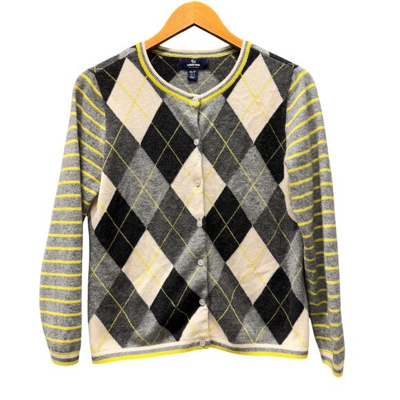 Lands End Cashmere Sweater Womens Petite Medium Argyle Cardigan Gray Yellow Knit - Picture 1 of 8